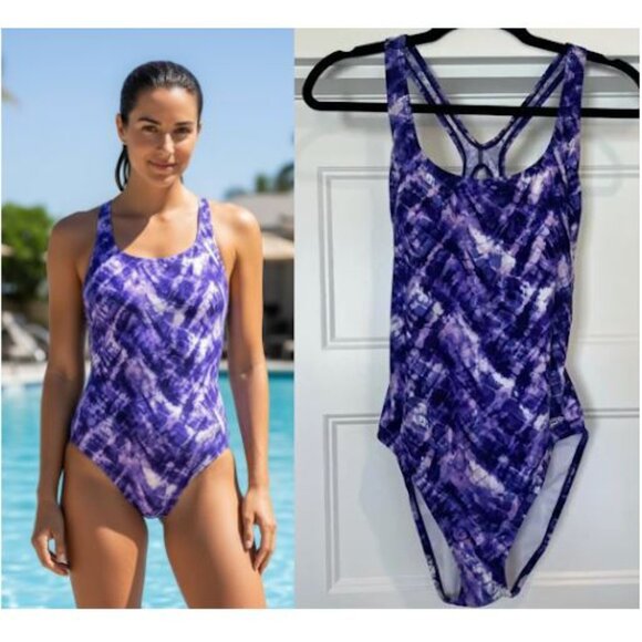 NWOT Speedo Women Size 12 Purple/White Tie Dye One Piece Swimsuit - Picture 1 of 11